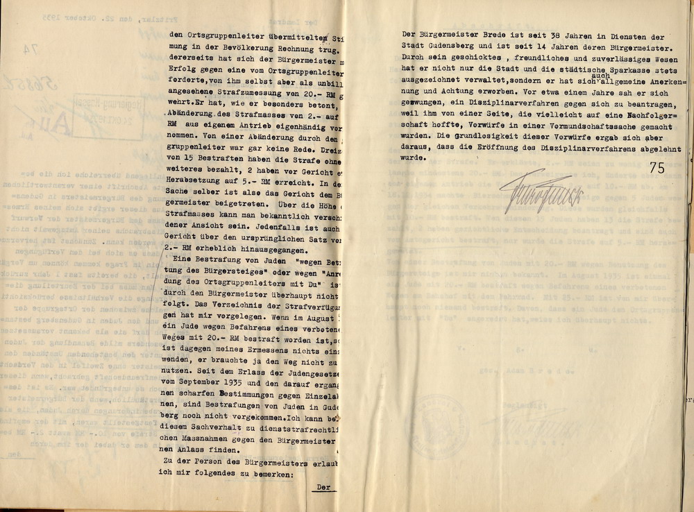 Reaktion des Landrates auf die Beschwerde gegen den Bürgermeister von Gudensberg, Adam Brede, wegen Amtsmissbrauch und Diskriminierung von jüdischen Einwohnern, Fritzlar, den 22. Oktober 1935.