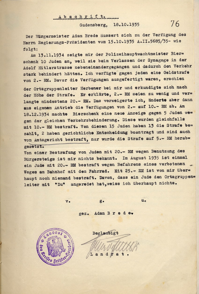 Stellungnahme des Bürgermeisters Adam Brede auf die Beschwerde gegen ihn wegen Amtsmissbrauch und Diskriminierung von jüdischen Einwohnern, Gudensberg, den 18. Oktober 1935.