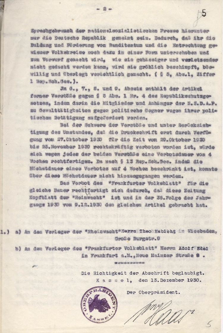 Verfügung an die Verleger der nationalsozialistischen Tageszeitungen „Rheinwacht“, Wiesbaden und des „Frankfurter Volksblatts“, Frankfurt betr. Verbot der Zeitungen