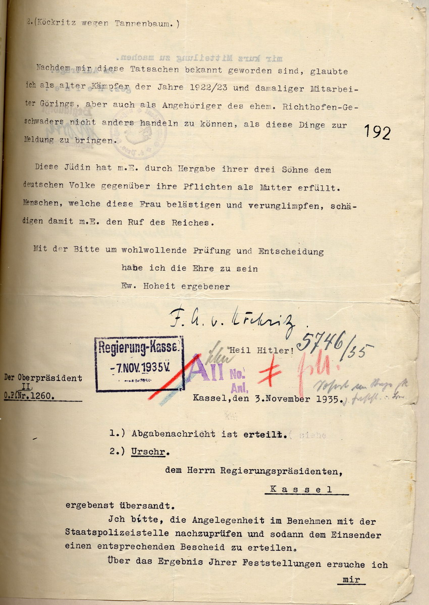 Beschwerde des Freiherrn von Köckritz über die Diskriminierung der jüdischen Familie Tannenbaum in Mansbach, München, den 28. Oktober 1935.