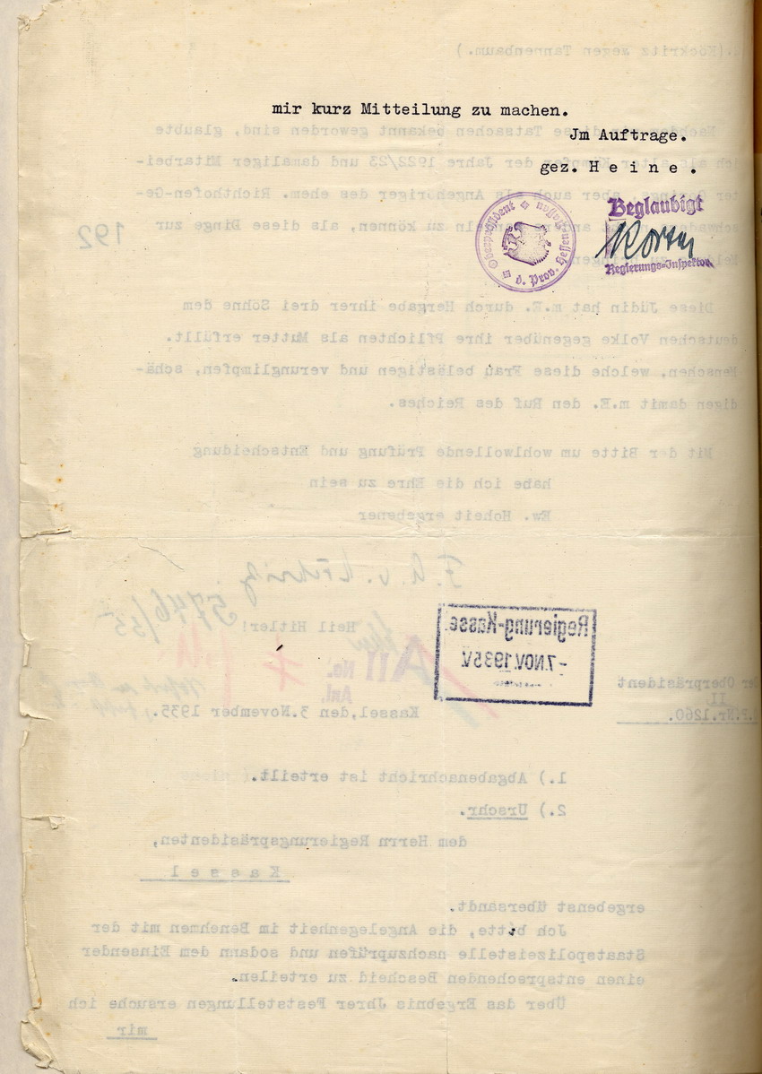 Beschwerde des Freiherrn von Köckritz über die Diskriminierung der jüdischen Familie Tannenbaum in Mansbach, München, den 28. Oktober 1935.