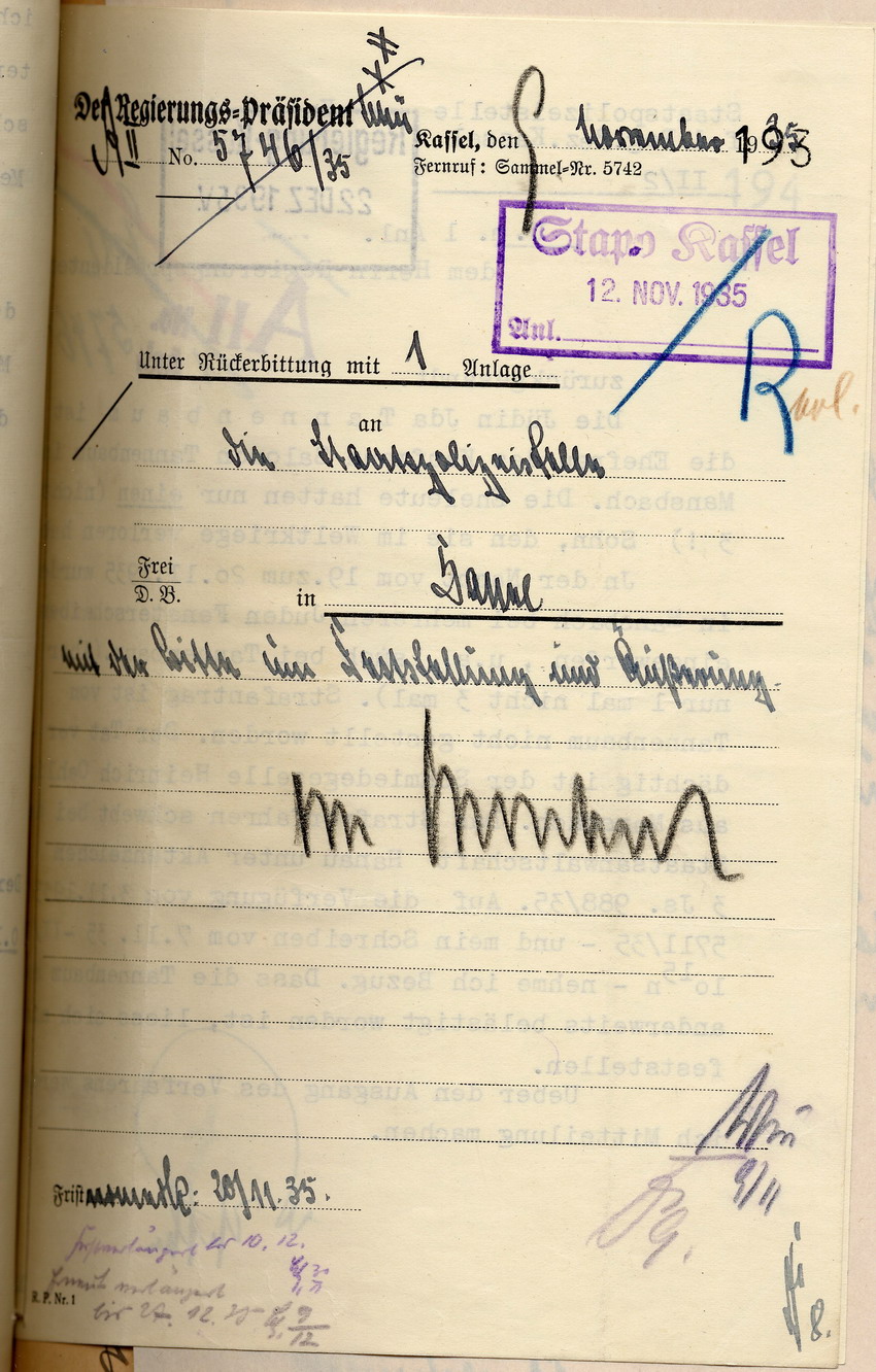 Bericht der Staatspolizeistelle Kassel über die Diskriminierung der jüdischen Familie Tannenbaum in Mansbach, Kassel, den 20. Dezember 1935.