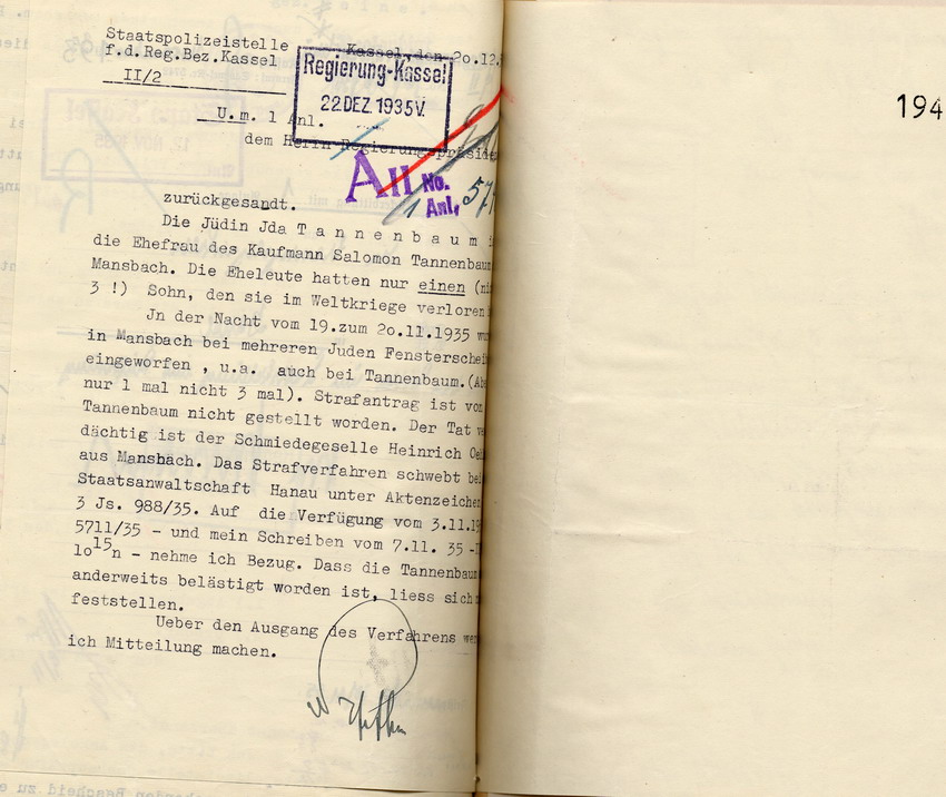 Bericht der Staatspolizeistelle Kassel über die Diskriminierung der jüdischen Familie Tannenbaum in Mansbach, Kassel, den 20. Dezember 1935.