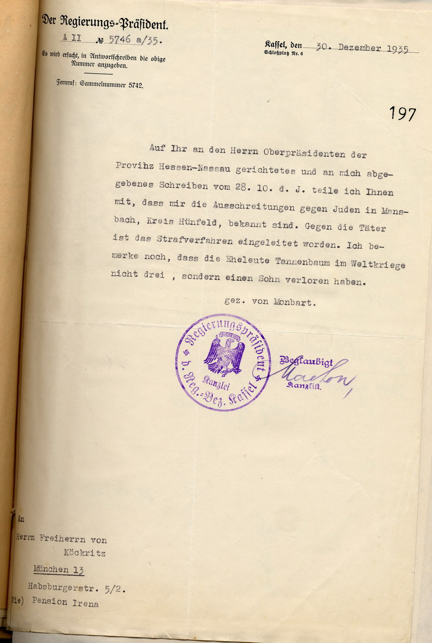 Antwort des Regierungspräsidenten an den Freiherrn von Köckritz über die Diskriminierung der jüdischen Familie Tannenbaum in Mansbach, Kassel, den 30. Dezember 1935.