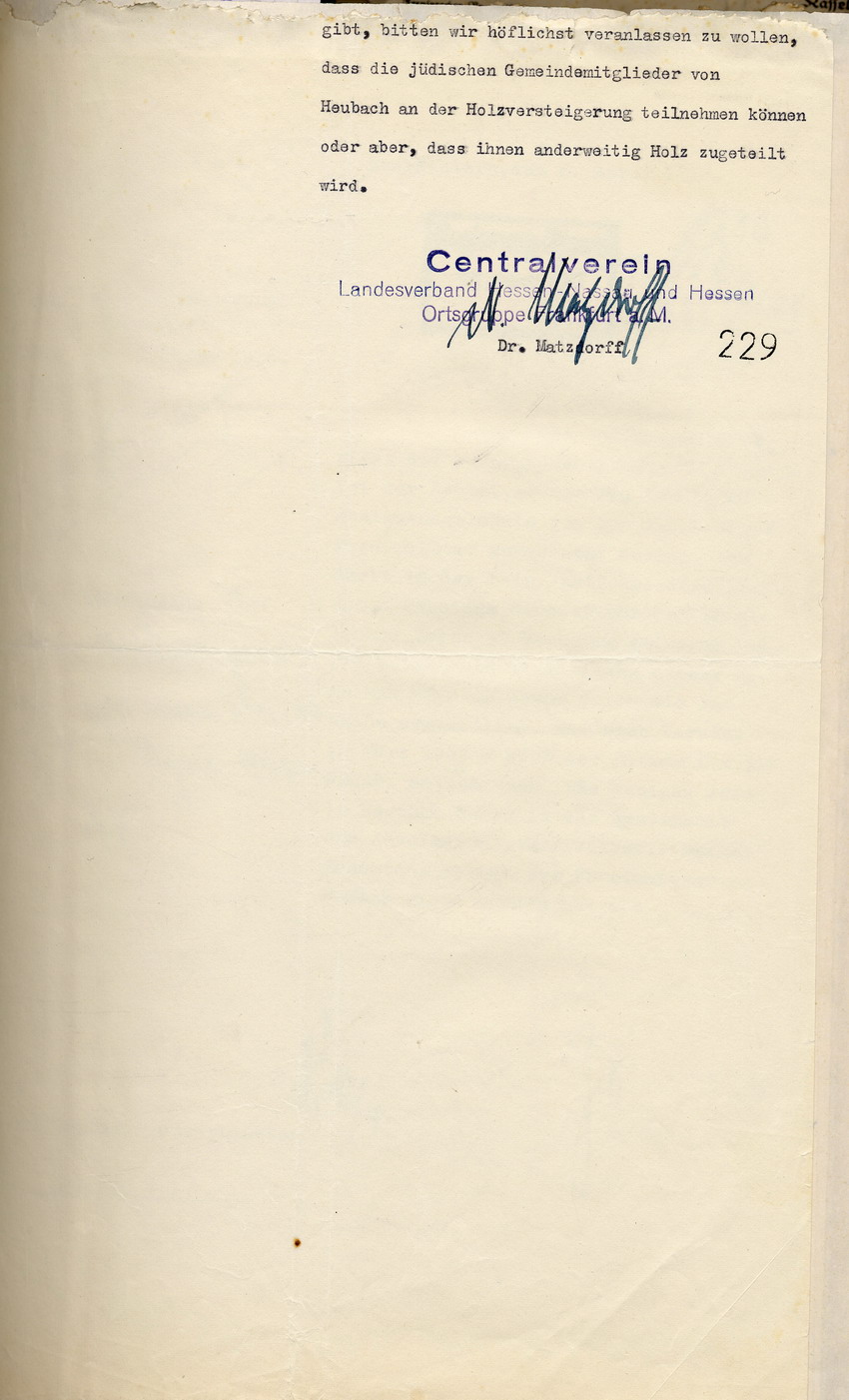 Beschwerde des Centralvereins deutscher Staatsbürger jüdischen Glaubens, dass jüdischen Einwohnern bei einer Holzversteigerung in Heubach der Zutritt verwehrt und kein Holz verkauft wurde, Frankfurt a.M., den 3. März 1936.
