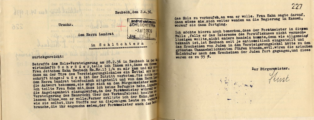 Mitteilung des Bürgermeisters zu der Beschwerde, dass jüdischen Einwohnern bei einer Holzversteigerung in Heubach der Zutritt verwehrt und kein Holz verkauft wurde, Heubach, den 2. April 1936.