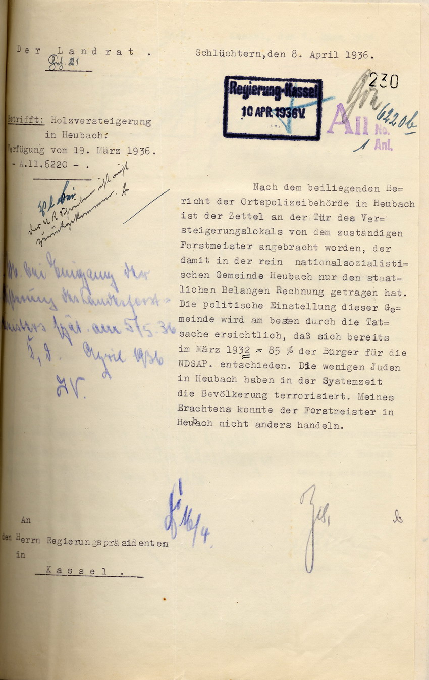 Mitteilung des Landrates zu der Beschwerde, dass jüdischen Einwohnern bei einer Holzversteigerung in Heubach der Zutritt verwehrt und kein Holz verkauft wurde, Schlüchtern, den 8. April 1936.