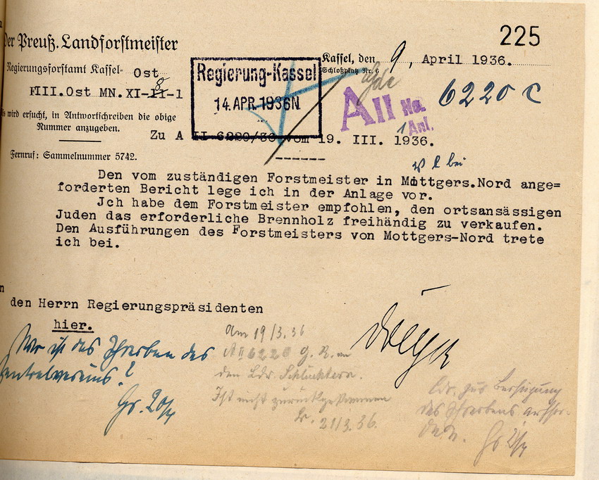 Stellungnahme des Försters zu der Beschwerde, dass jüdischen Einwohnern bei einer Holzversteigerung in Heubach der Zutritt verwehrt und kein Holz verkauft wurde, Schlüchtern, den 28. März 1936.