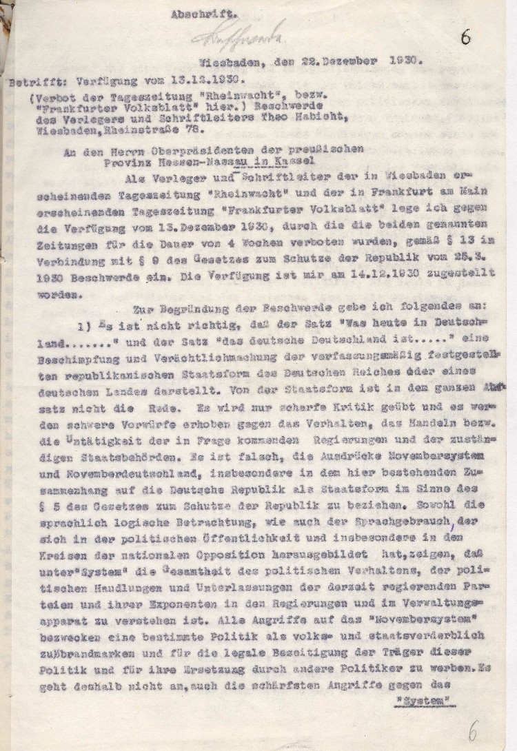 Beschwerde des Verlegers Theo Habicht, Wiesbaden, gegen die Verfügung des Oberpräsidenten vom 13.12.1930
