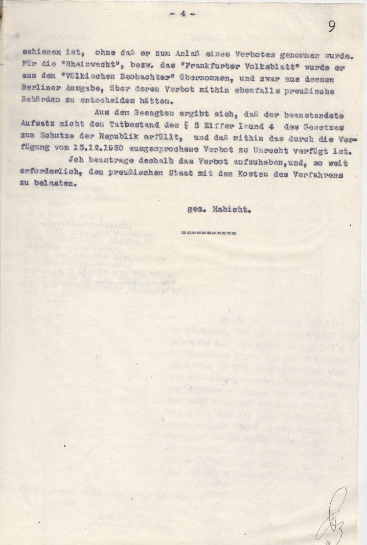Beschwerde des Verlegers Theo Habicht, Wiesbaden, gegen die Verfügung des Oberpräsidenten vom 13.12.1930