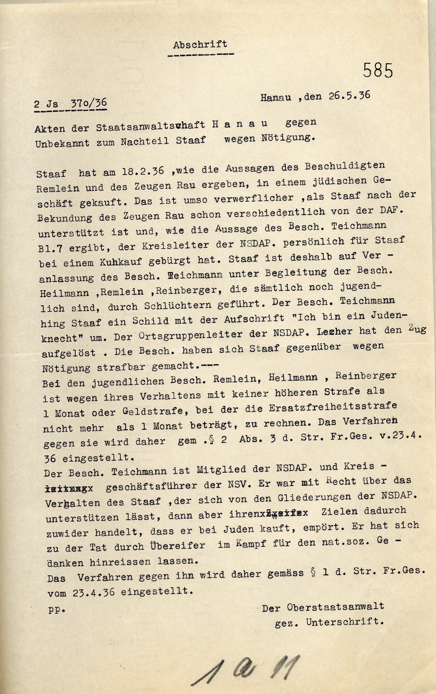 Mitteilung der Staatsanwaltschaft, dass das Verfahren wegen Nötigung des Heinrich Staaf eingestellt wird, Hanau, den 26. Mai 1936.