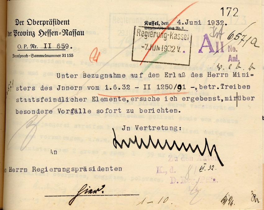 Bitte des Oberpräsidenten von Hessen-Nassau um Berichterstattung über alle politischen Zusammenstöße, Kassel, den 4. Juni 1932.