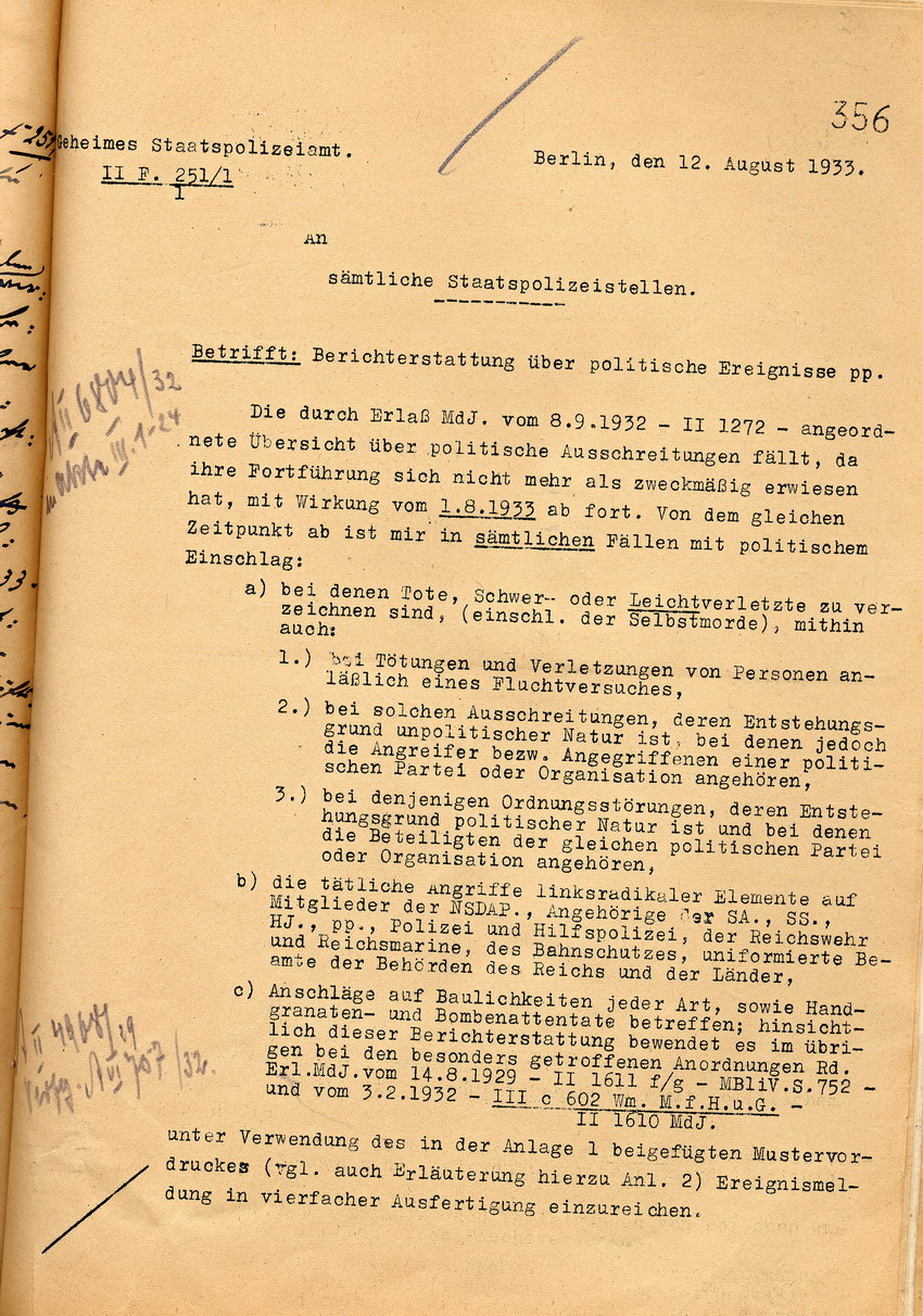 Anordnung des Geheimen Staatspolizeiamtes zur Berichterstattung über politische Ereignisse, Berlin, den 12. August 1932.