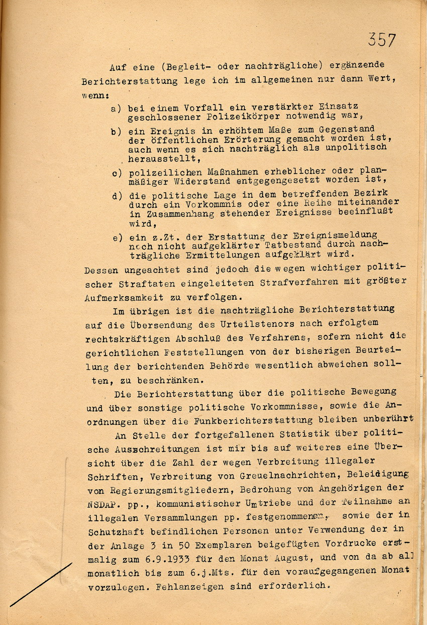 Anordnung des Geheimen Staatspolizeiamtes zur Berichterstattung über politische Ereignisse, Berlin, den 12. August 1932.