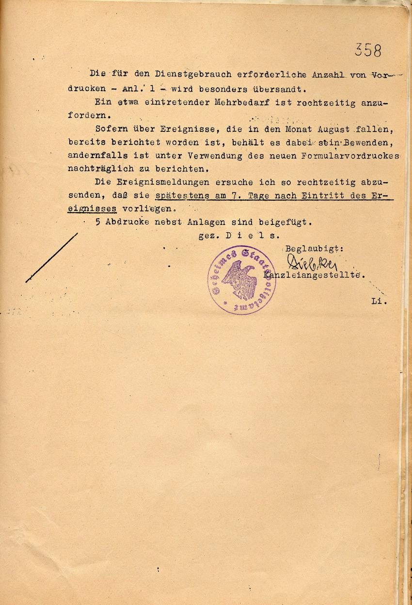 Anordnung des Geheimen Staatspolizeiamtes zur Berichterstattung über politische Ereignisse, Berlin, den 12. August 1932.