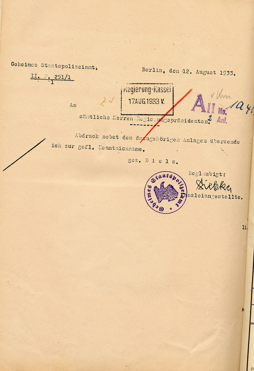 Anordnung des Geheimen Staatspolizeiamtes zur Berichterstattung über politische Ereignisse, Berlin, den 12. August 1932.