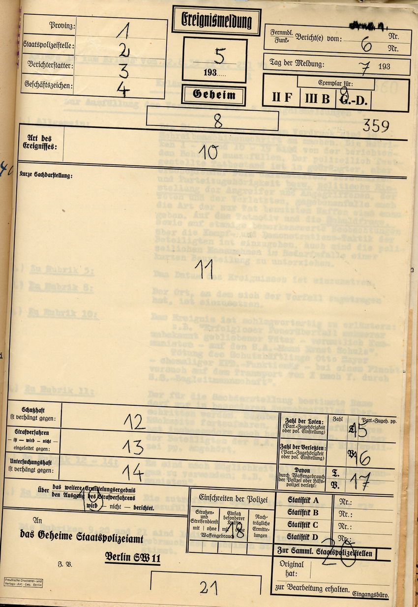 Anlagen zu der Anordnung des Geheimen Staatspolizeiamtes zur Berichterstattung über politische Ereignisse, Berlin, den 12. August 1932.