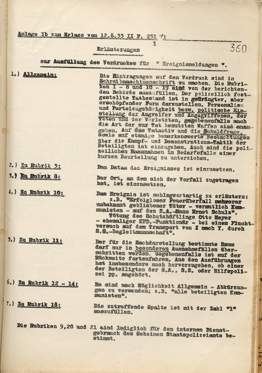 Anlagen zu der Anordnung des Geheimen Staatspolizeiamtes zur Berichterstattung über politische Ereignisse, Berlin, den 12. August 1932.