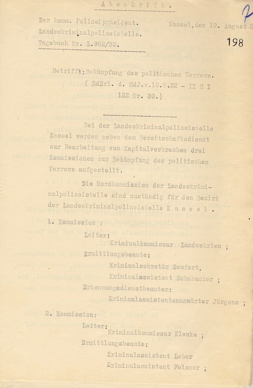 Aufstellung von drei Kommissionen zur Bekämpfung des politischen Terrors der Landeskriminalpolizeistelle Kassel durch den Polizeipräsidenten, Kassel, den 19. August 1932.