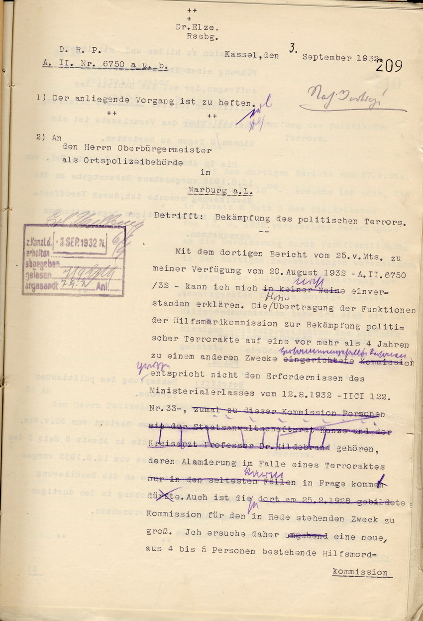 Bildung von Hilfsmordkommissionen zur Bekämpfung des politischen Terrors, Kassel, den 3. September 1932.