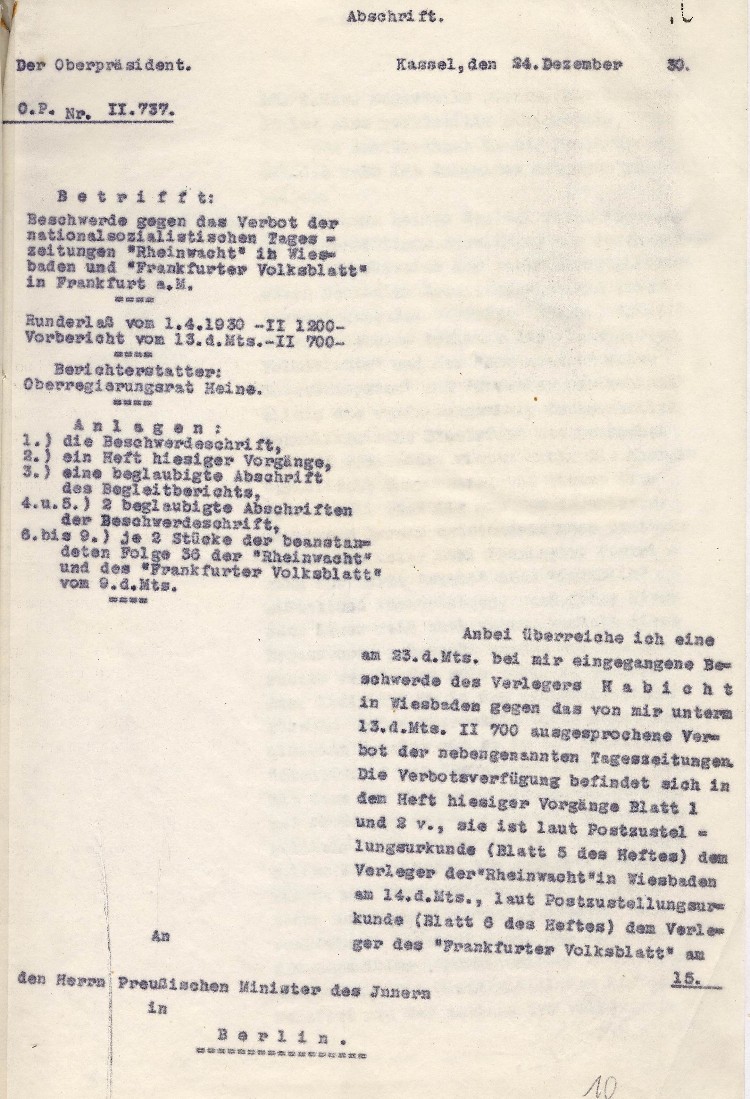 Der Oberpräsident Kassel an den Preußischen Minister des Inneren, Berlin: Entgegnung auf die Beschwerdeschrift des Verlegers Habicht vom 22.12.1930