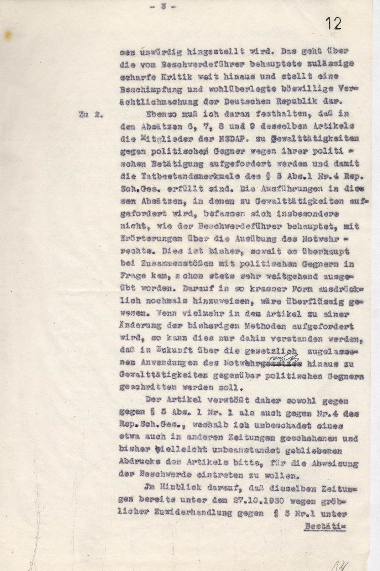 Der Oberpräsident Kassel an den Preußischen Minister des Inneren, Berlin: Entgegnung auf die Beschwerdeschrift des Verlegers Habicht vom 22.12.1930