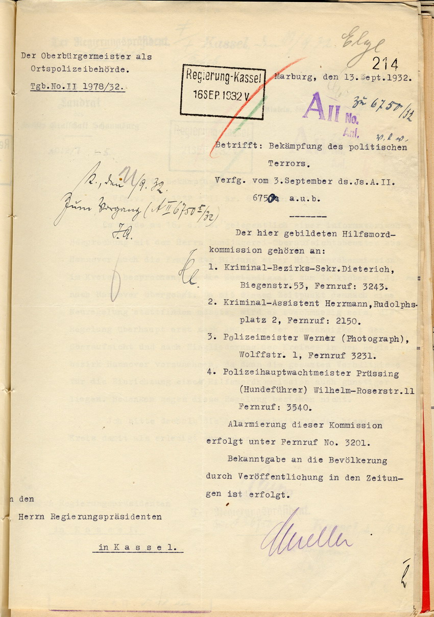 Meldung des Oberbürgermeisters über die Bildung einer Hilfsmordkommission in Marburg, Marburg, den 13. September 1932.