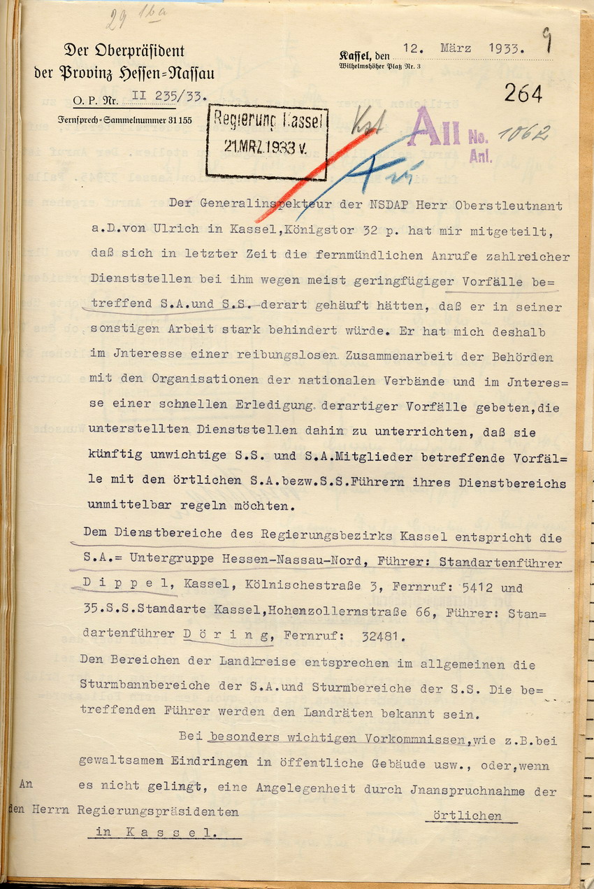 Anordnung des Oberpräsidenten von Hessen-Nassau Vorfälle mit Angehörigen der SA oder SS direkt mit deren Verantwortlichen des jeweiligen Dienstbereiches zu klären, Kassel, den 12. März 1933.
