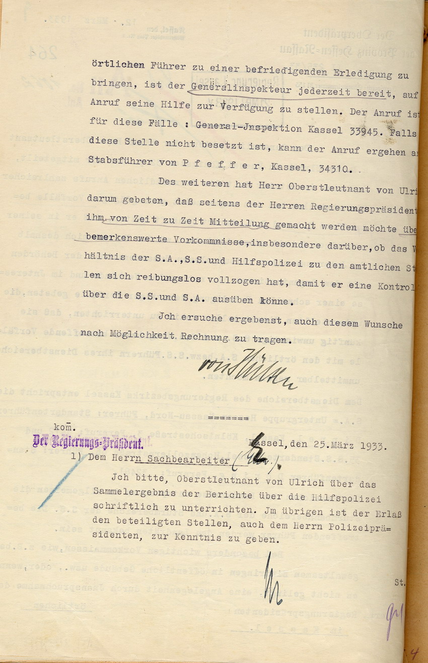 Anordnung des Oberpräsidenten von Hessen-Nassau Vorfälle mit Angehörigen der SA oder SS direkt mit deren Verantwortlichen des jeweiligen Dienstbereiches zu klären, Kassel, den 12. März 1933.