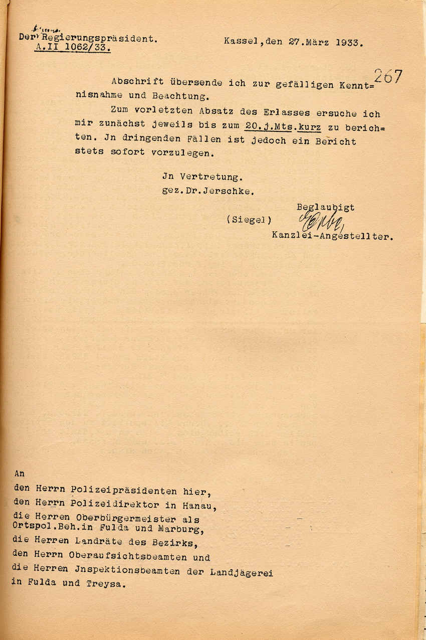Weitergabe der  Anordnung des Oberpräsidenten von Hessen-Nassau Vorfälle mit Angehörigen der SA oder SS direkt mit deren Verantwortlichen des jeweiligen Dienstbereiches zu klären, Kassel, den 27. März 1933.