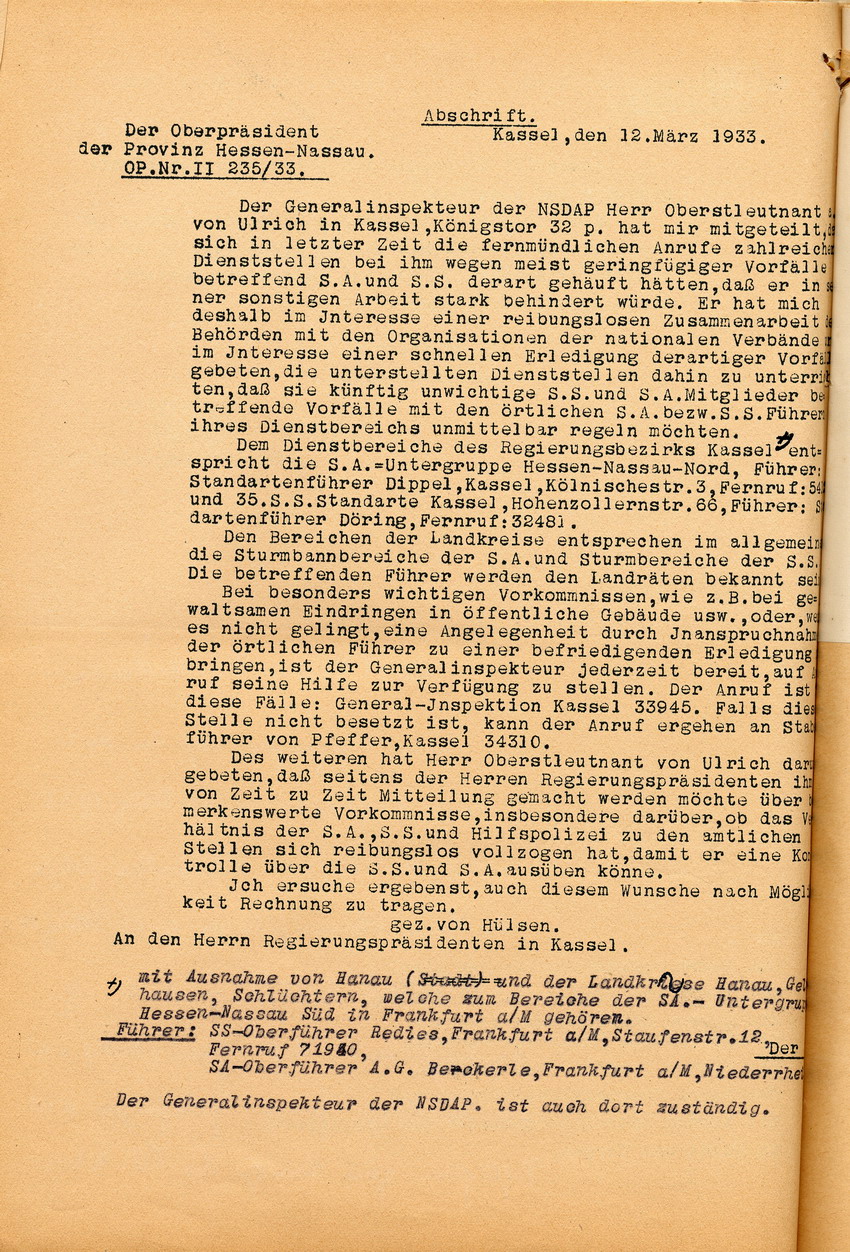 Weitergabe der  Anordnung des Oberpräsidenten von Hessen-Nassau Vorfälle mit Angehörigen der SA oder SS direkt mit deren Verantwortlichen des jeweiligen Dienstbereiches zu klären, Kassel, den 27. März 1933.