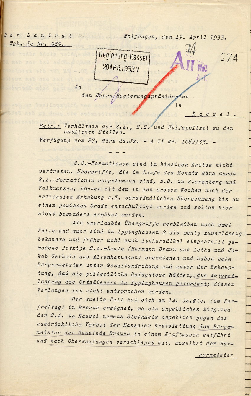 Bericht des Landrates über das Verhältnis der SA, SS und der Hilfspolizei zu den amtlichen Stellen, Wolfhagen, den 19. April 1933.
