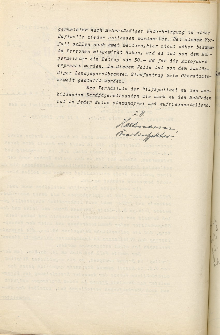 Bericht des Landrates über das Verhältnis der SA, SS und der Hilfspolizei zu den amtlichen Stellen, Wolfhagen, den 19. April 1933.