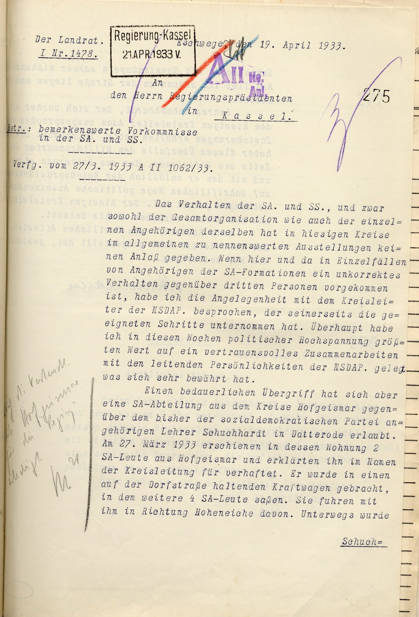 Bericht des Landrates über bemerkenswerte Vorkommnisse mit der SA und SS, sowie deren Verhältnis zu den Behörden, Eschwege, den 19. April 1933.