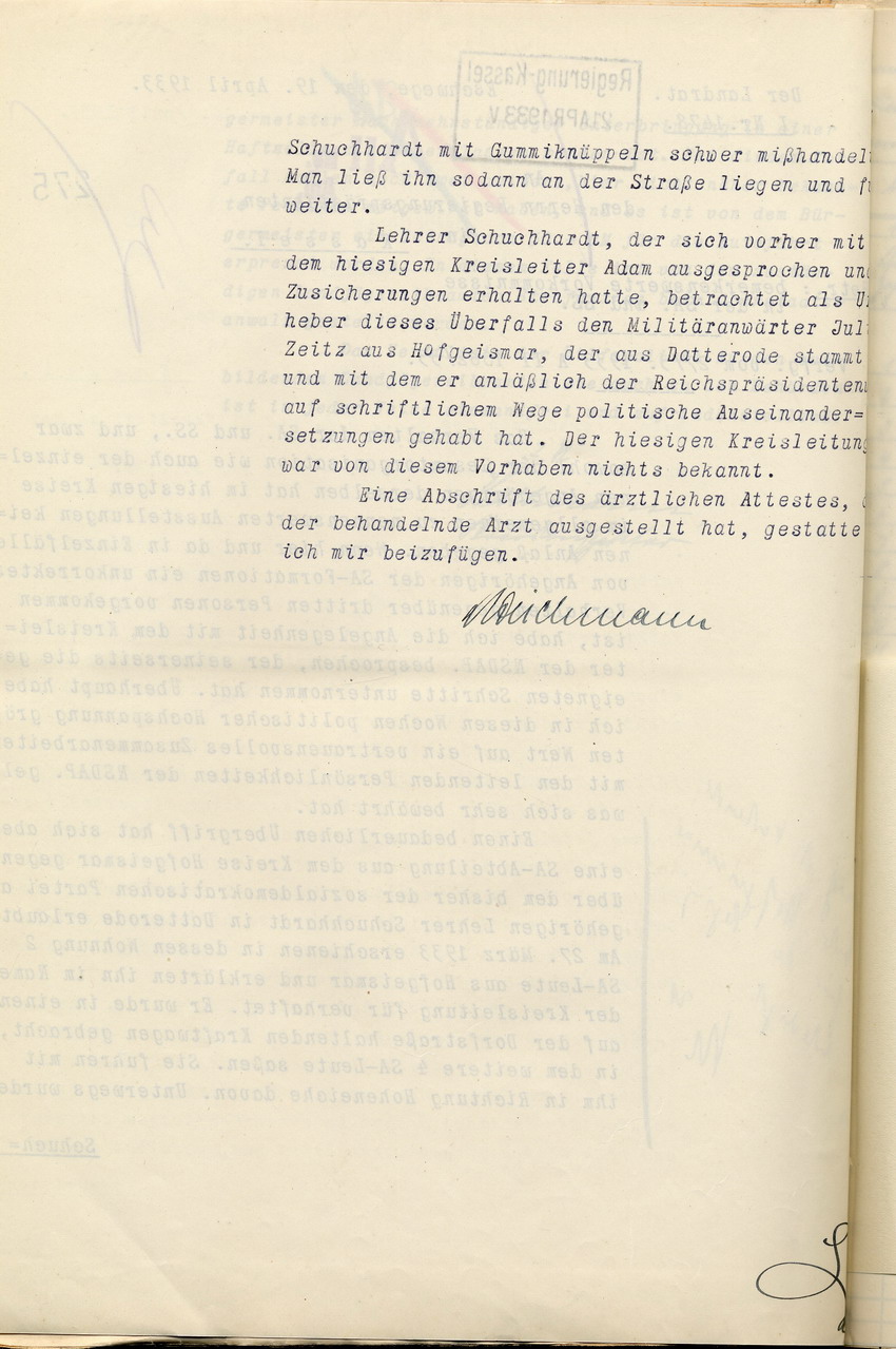 Bericht des Landrates über bemerkenswerte Vorkommnisse mit der SA und SS, sowie deren Verhältnis zu den Behörden, Eschwege, den 19. April 1933.