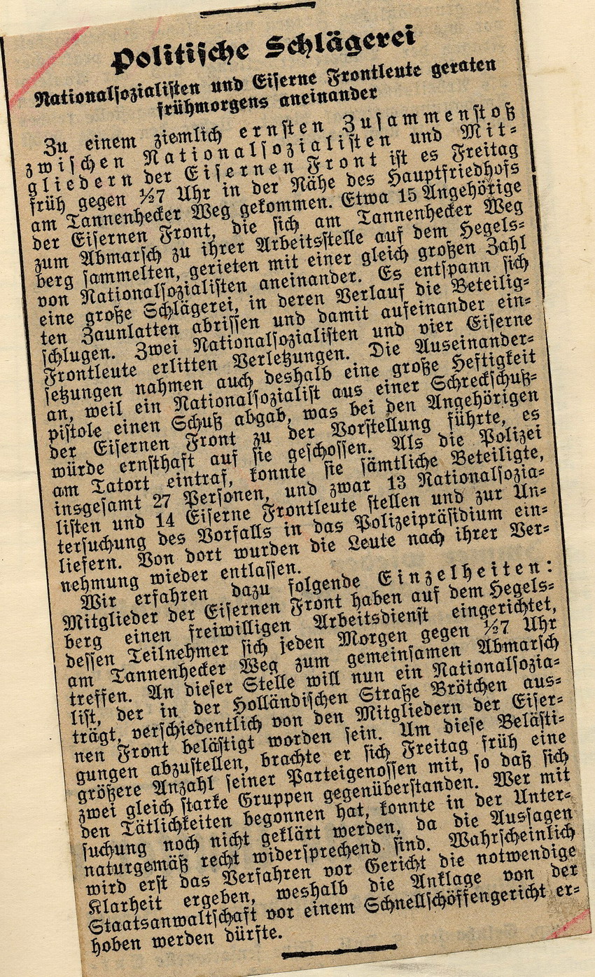 Zeitungsartikel des Kasseler Volksblattes "Politische Schlägerei. Nationalsozialisten und Eiserne Frontleute geraten frühmorgens aneinander", Kassel, den 9. Juli 1932.