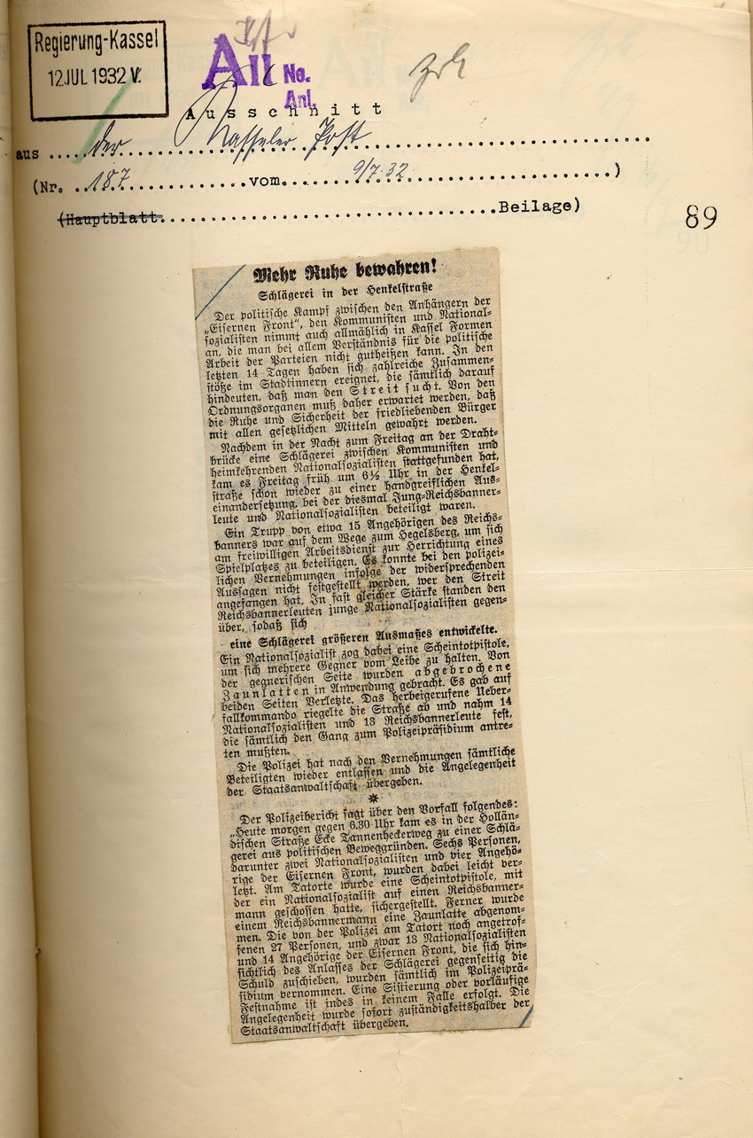 Zeitungsartikel der Kasseler Post "Mehr Ruhe bewahren! Schlägerei in der Henkelstraße", Kassel, den 9. Juli 1932.