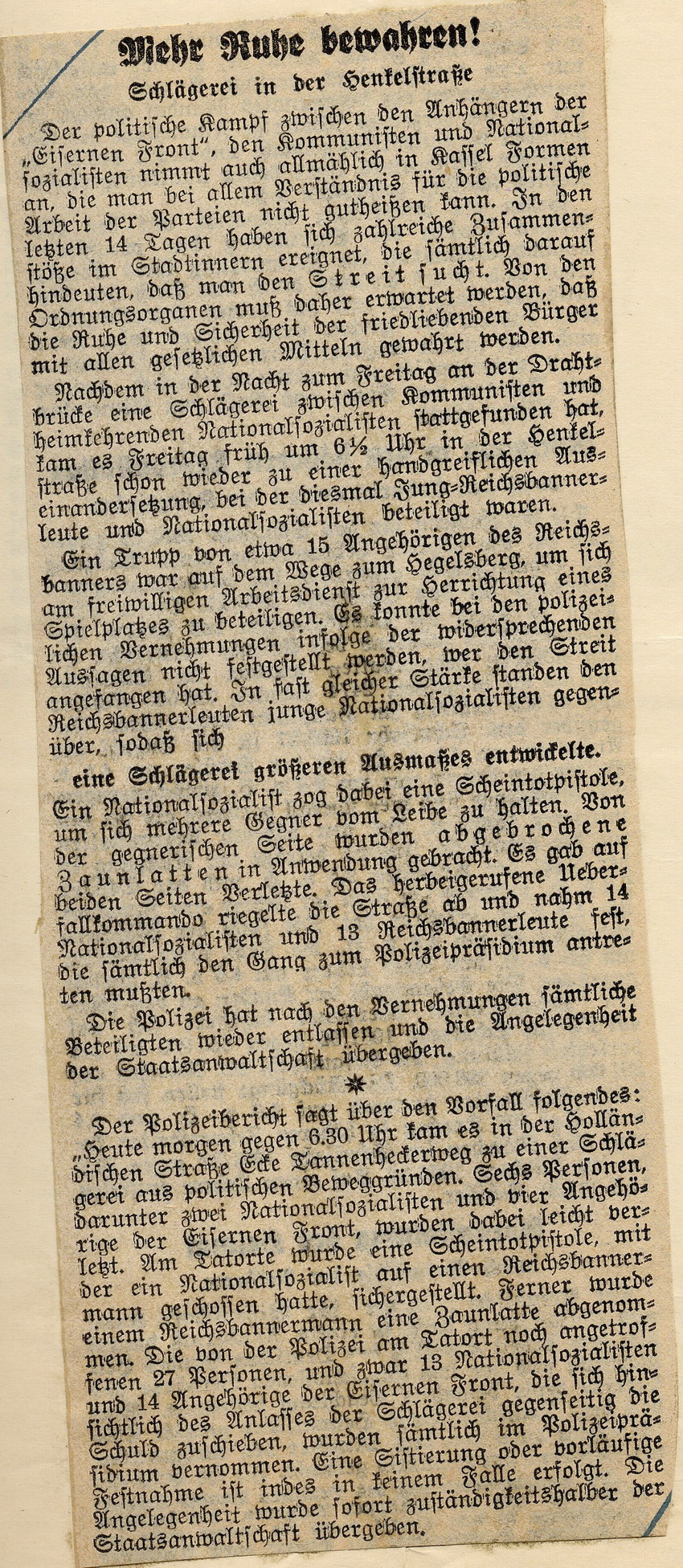 Zeitungsartikel der Kasseler Post "Mehr Ruhe bewahren! Schlägerei in der Henkelstraße", Kassel, den 9. Juli 1932.