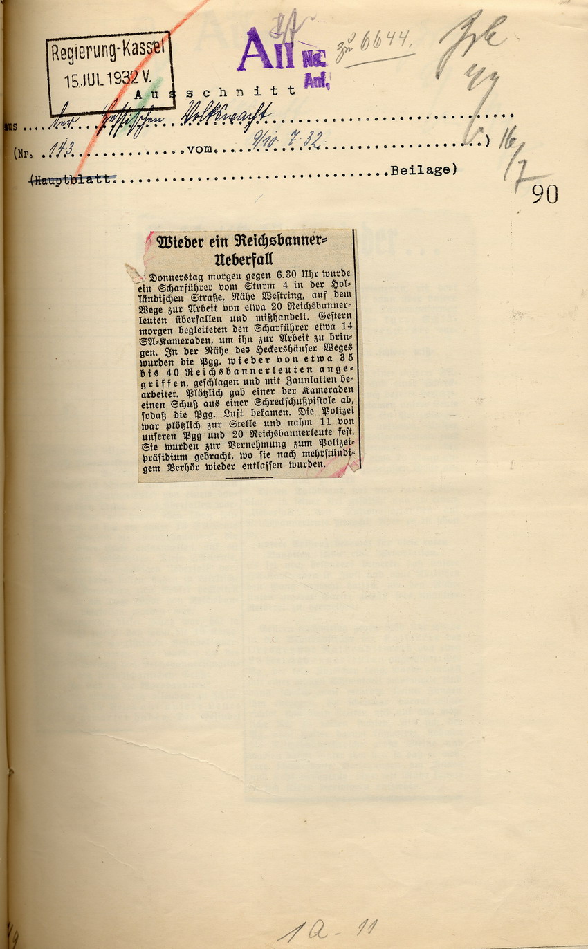 Zeitungsartikel der Hessischen Volkswacht "Wieder ein Reichsbanner-Überfall", Kassel, den 10. Juli 1932.