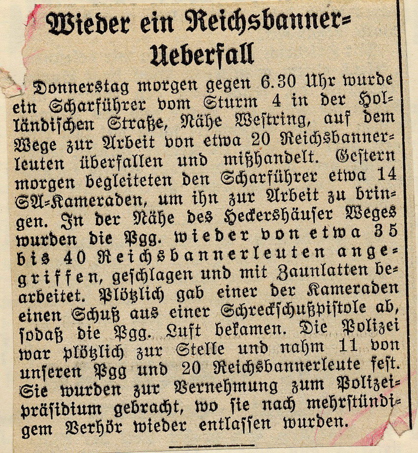 Zeitungsartikel der Hessischen Volkswacht "Wieder ein Reichsbanner-Überfall", Kassel, den 10. Juli 1932.