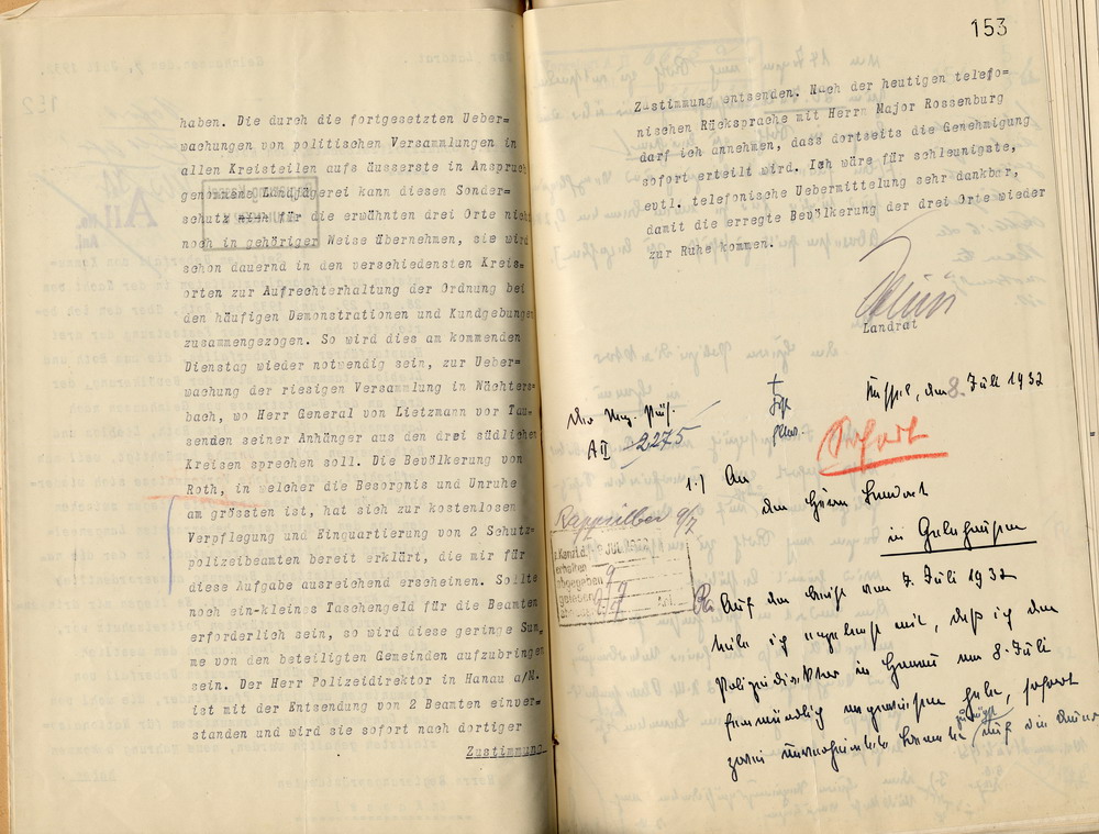 Anforderung des Landrates von zusätzlichen Schutzpolizisten nach Zusammenstößen zwischen Nationalsozialisten und Kommunisten in Roth, Gelnhausen, den 7. Juli 1932.