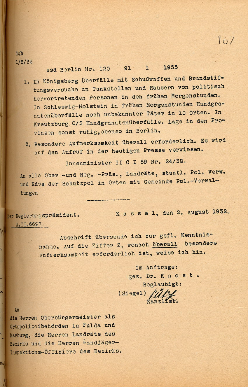 Aufforderung des Innenministers zu besonderer Aufmerksamkeit auf Grund mehrer Vorkommnisse in den preußischen Provinzen, Berlin, den 1. August 1932.
