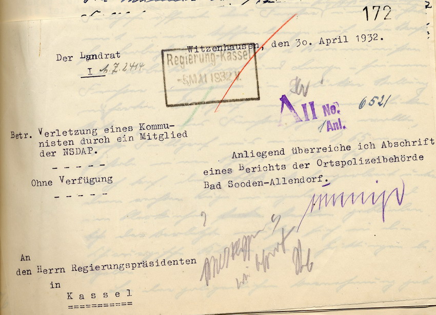 Bericht der Polizei über einen Zwischenfall zwischen Nationalsozialisten und Kommunisten, bei dem ein Nationalsozialist auf einen Kommunisten geschossen und diesen schwer verletzt hat, Bad Sooden-Allendorf, den 25. April 1932.