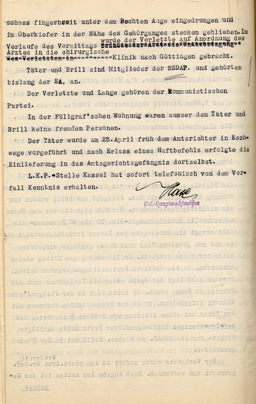 Bericht der Polizei über einen Zwischenfall zwischen Nationalsozialisten und Kommunisten, bei dem ein Nationalsozialist auf einen Kommunisten geschossen und diesen schwer verletzt hat, Bad Sooden-Allendorf, den 25. April 1932.
