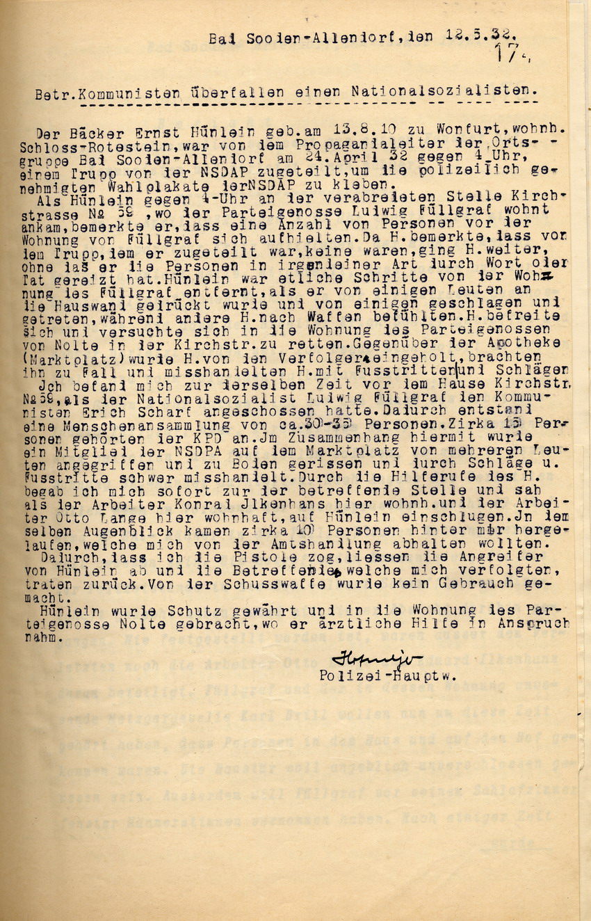 Bericht der Polizei über einen Zusammenstoß zwischen Kommunisten und einem Nationalsozialisten, nachdem ein Nationalsozialist auf einen Kommunisten geschossen hatte,  Bad Sooden-Allendorf, den 12. Mai 1932.