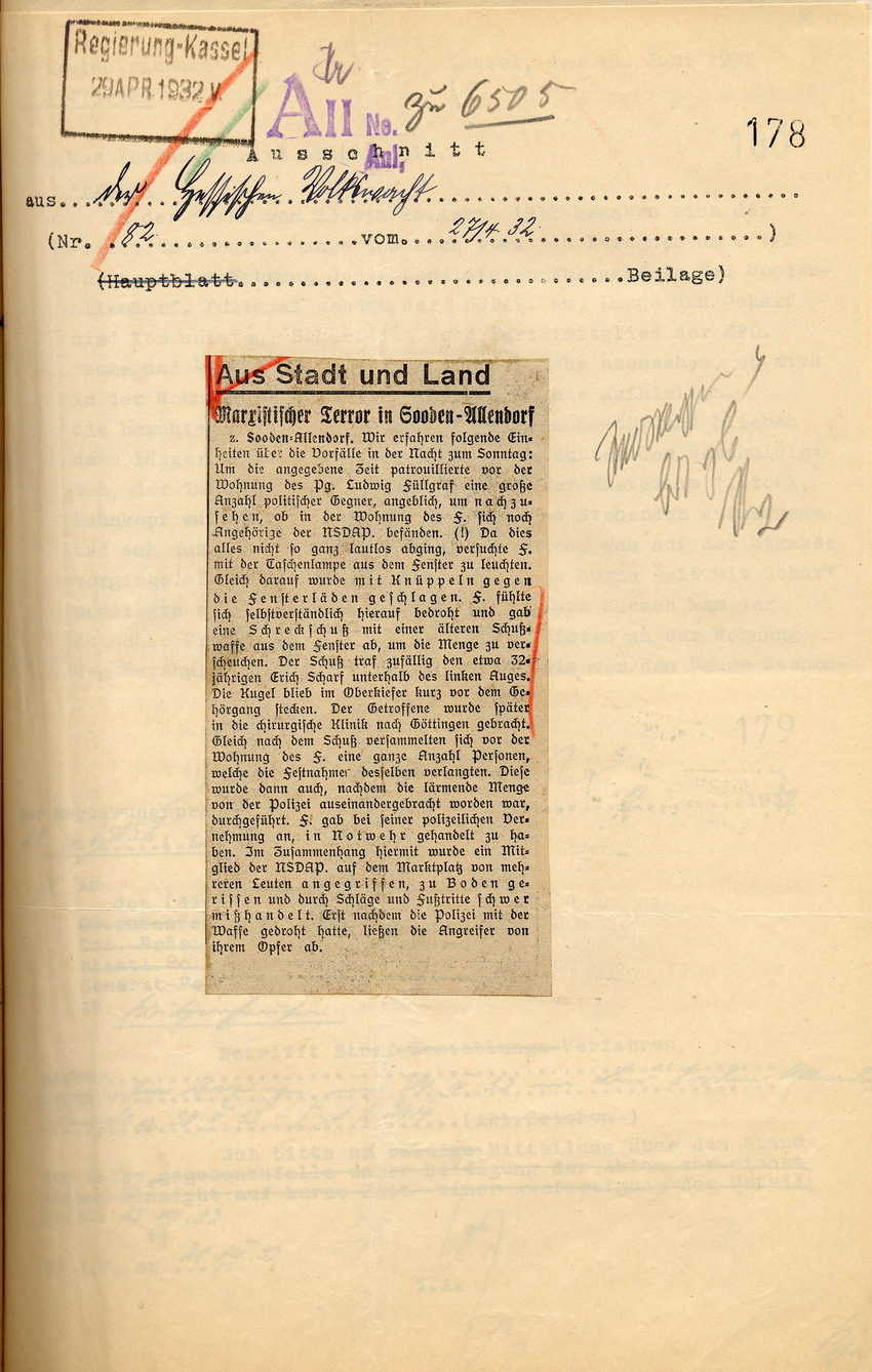 Zeitungsartikel der Hessischen Volkswacht "Marxistischer Terror in Bad Sooden-Allendorf" über den Schuss eines Nationalsozialisten auf einen Kommunisten in Bad Sooden-Allendorf, Kassel, den 27. April 1932.