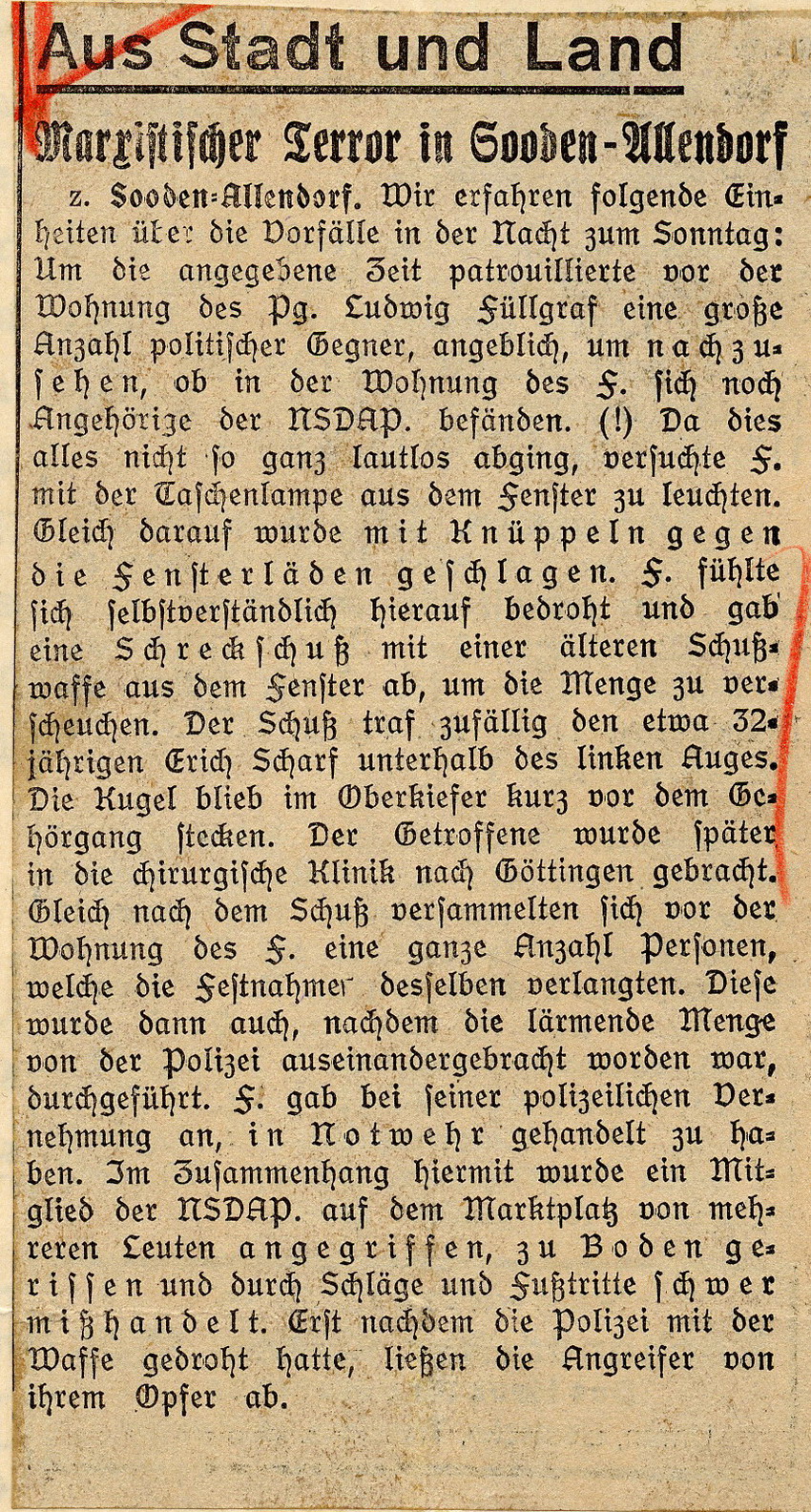 Zeitungsartikel der Hessischen Volkswacht "Marxistischer Terror in Bad Sooden-Allendorf" über den Schuss eines Nationalsozialisten auf einen Kommunisten in Bad Sooden-Allendorf, Kassel, den 27. April 1932.