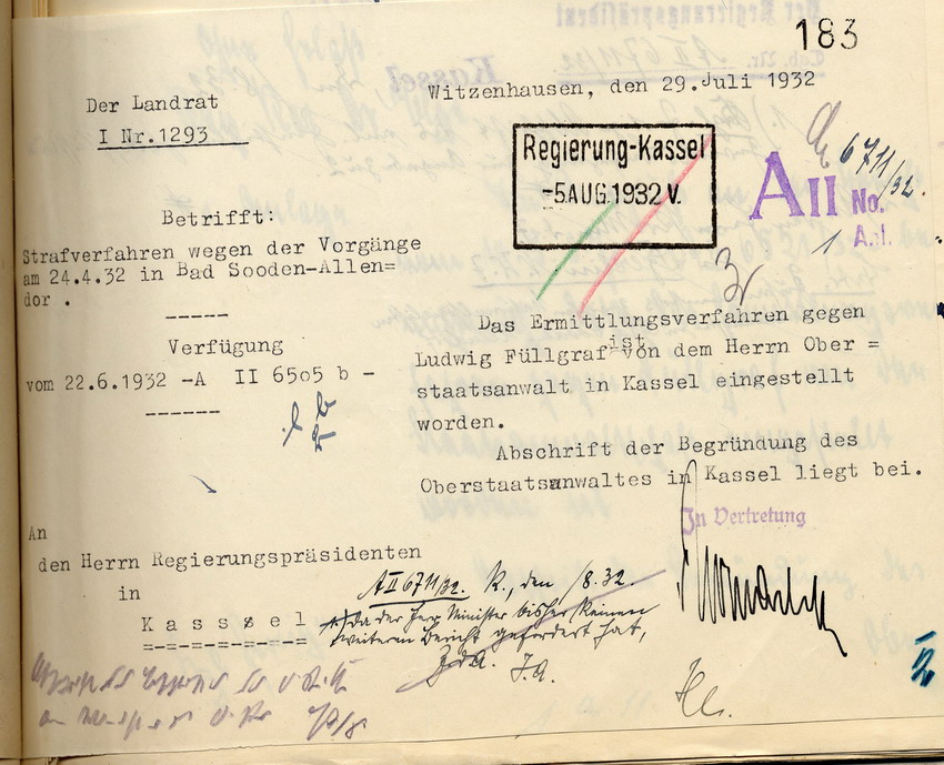 Mitteilung des Oberstaatsanwaltes, dass das Verfahren gegen Ludwig Füllgraf wegen Körperverletzung an Erich Scharf eingestellt wird, Kassel, den 15. Juni 1932.