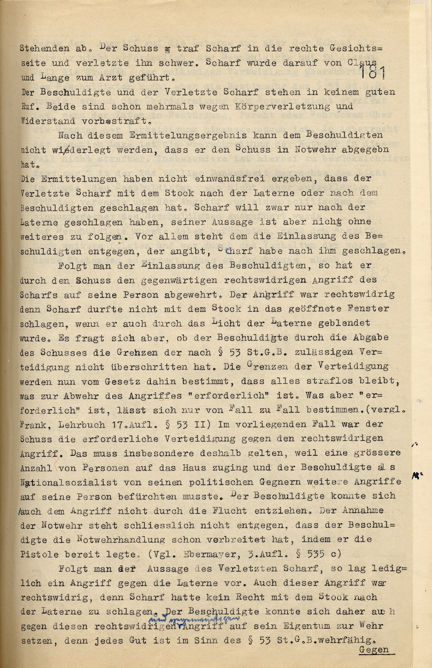 Mitteilung des Oberstaatsanwaltes, dass das Verfahren gegen Ludwig Füllgraf wegen Körperverletzung an Erich Scharf eingestellt wird, Kassel, den 15. Juni 1932.