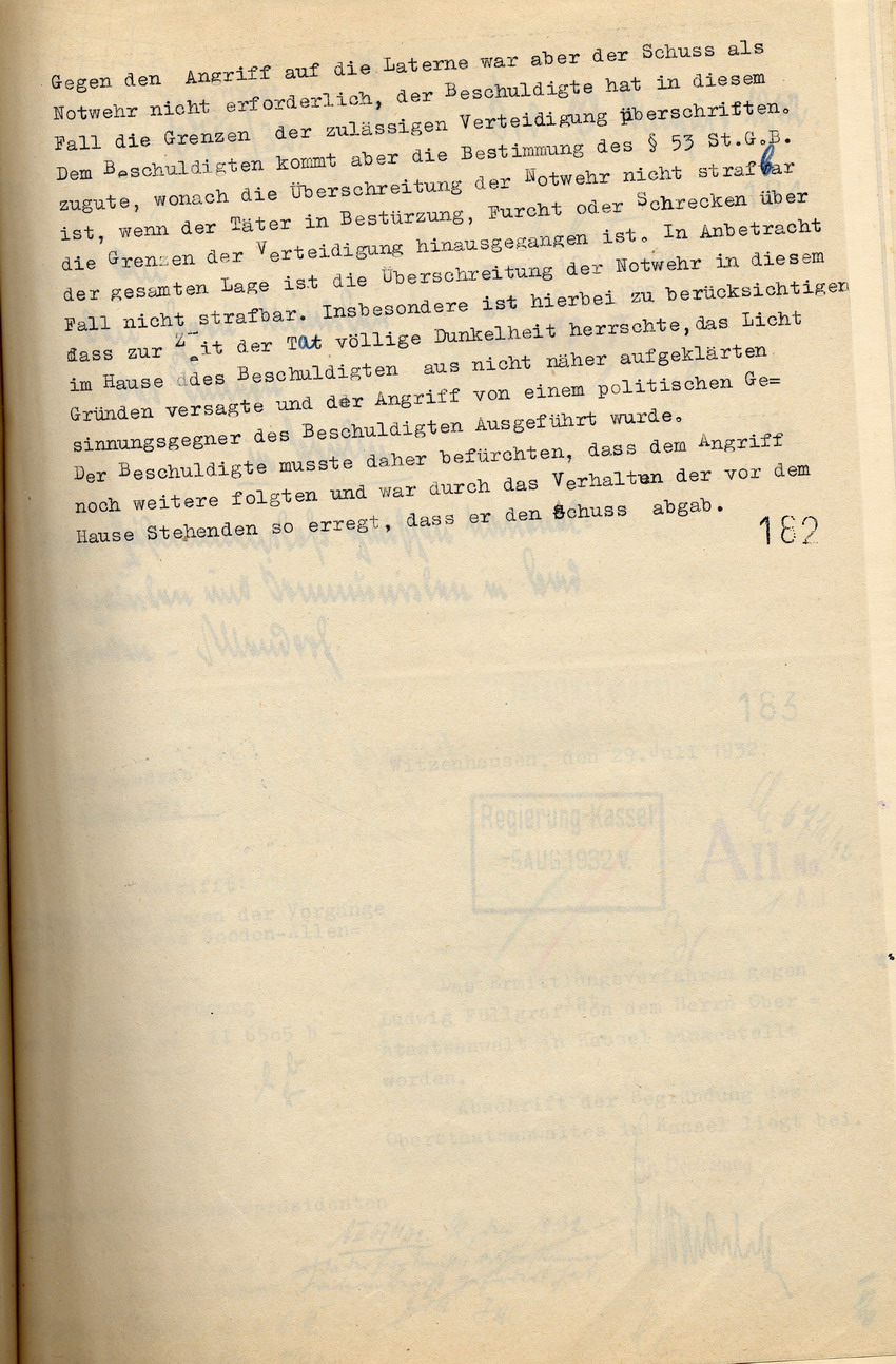 Mitteilung des Oberstaatsanwaltes, dass das Verfahren gegen Ludwig Füllgraf wegen Körperverletzung an Erich Scharf eingestellt wird, Kassel, den 15. Juni 1932.